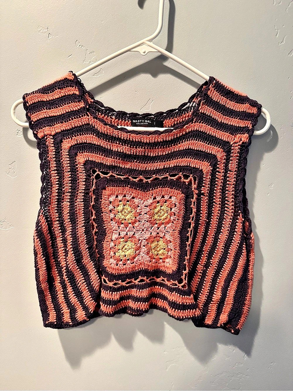 Nasty Gal Crochet Striped Floral Tank Top in Orange & Purple size Large